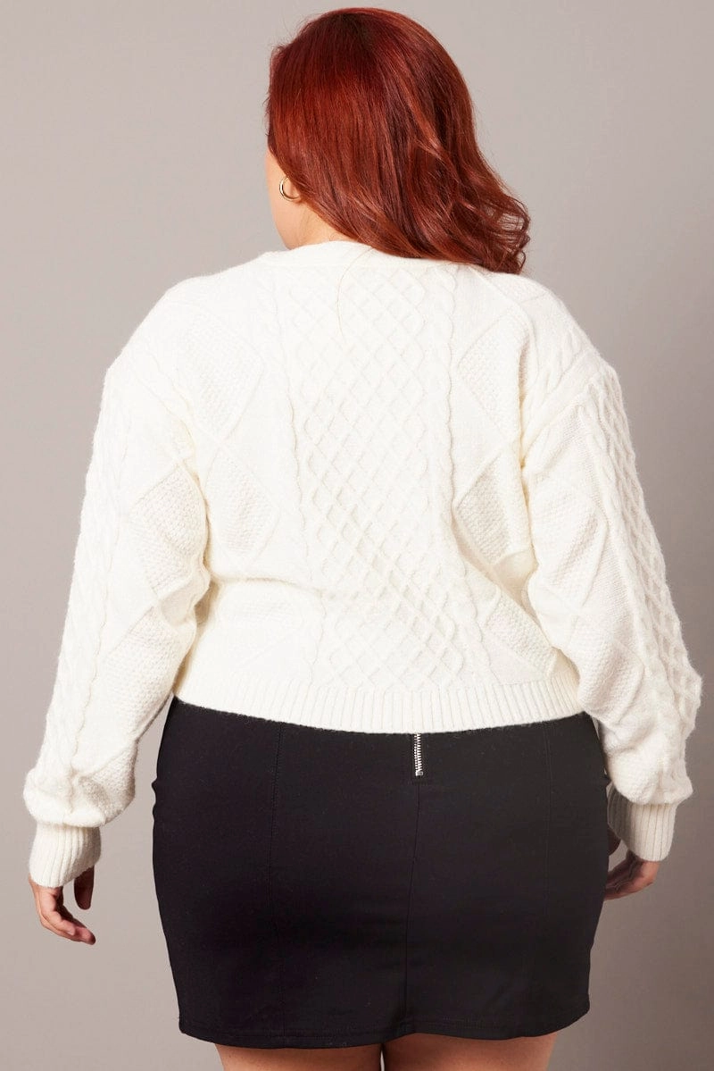 White Cable Knit Cardigan V-neck Crop Comfort Focused Design