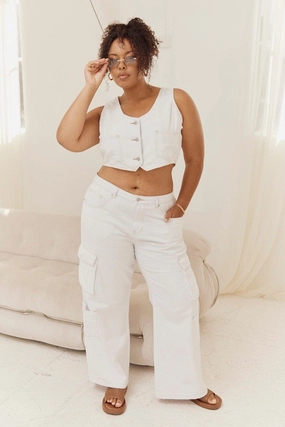 White Cargo Denim Jeans High Rise Home Comfort Party Look Modern Minimalist