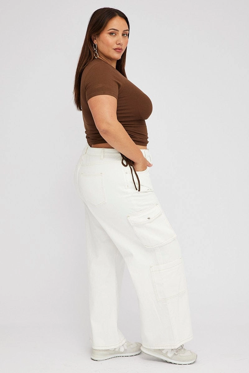 White Cargo Denim Jeans High Rise Cozy Vibe Durable Fabric