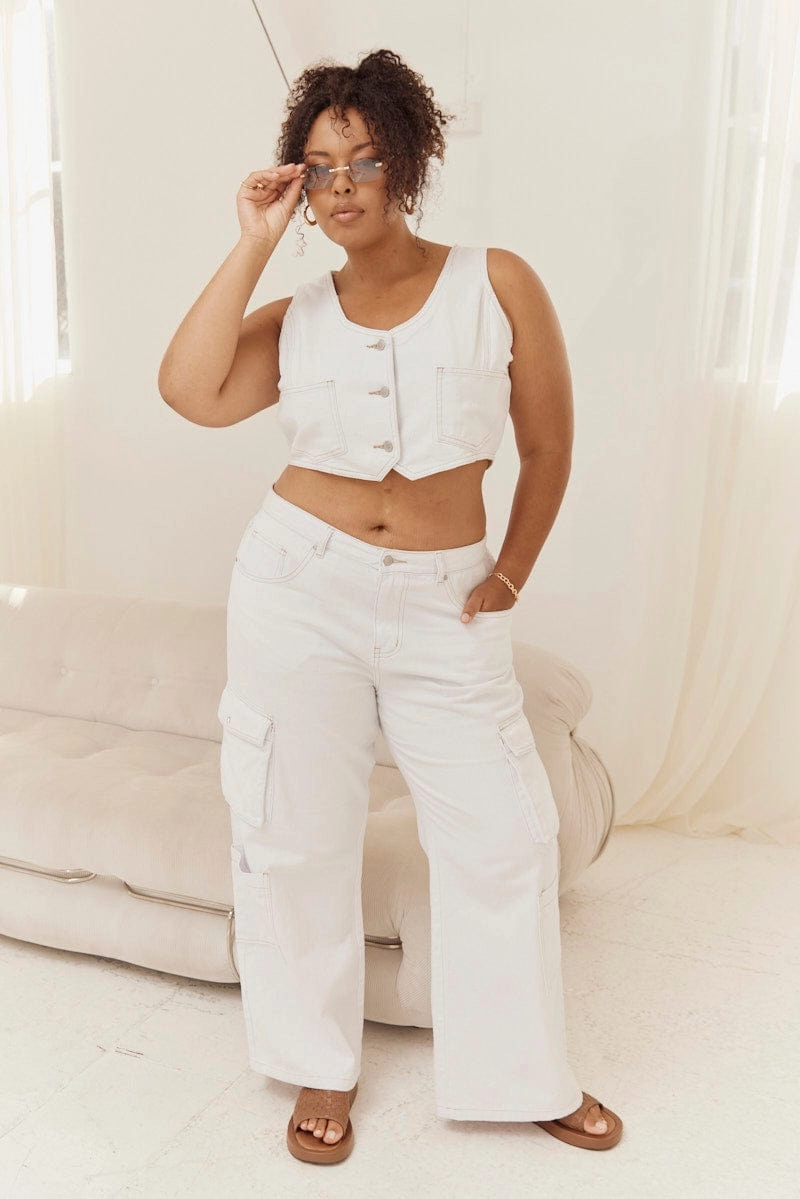 White Cargo Denim Jeans High Rise Home Comfort Party Look Modern Minimalist