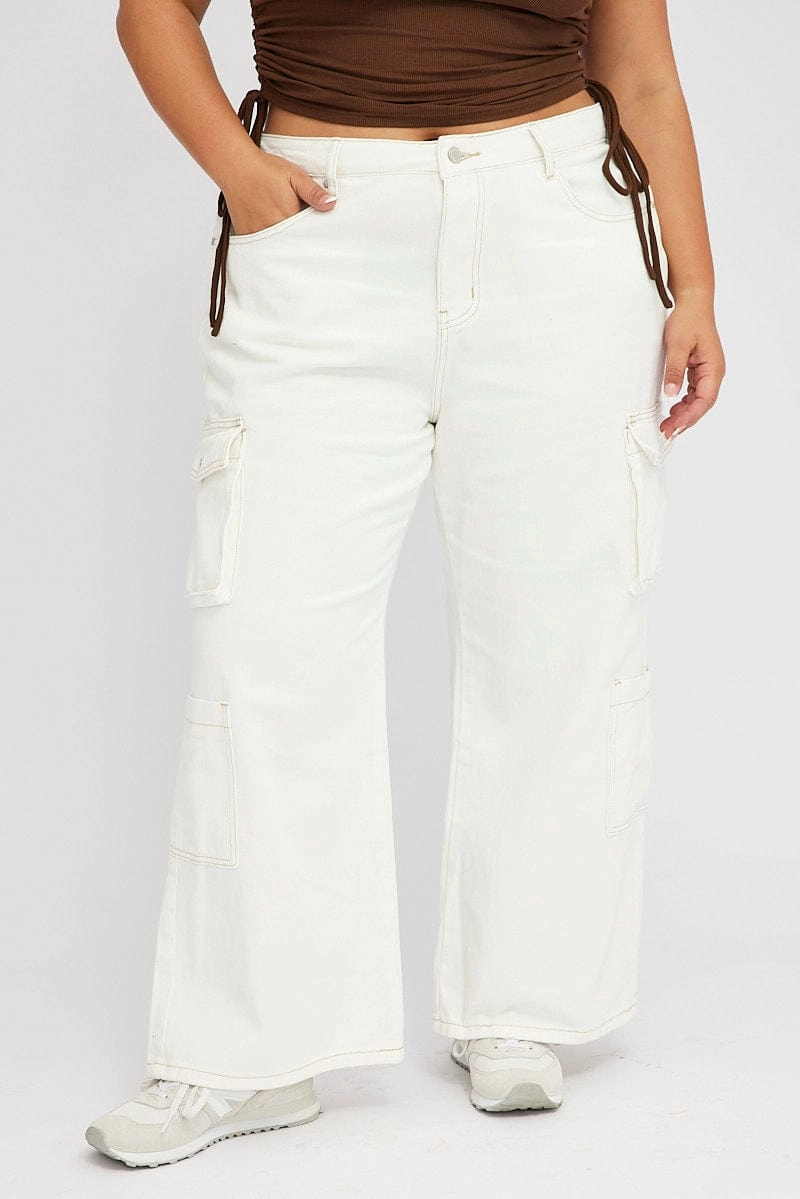 White Cargo Denim Jeans High Rise Sharp Finish Raw Hem Design