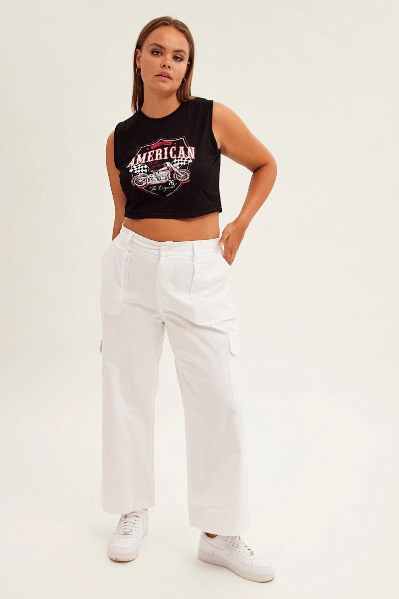 White Cargo Pants Mid Rise Trendy Waist