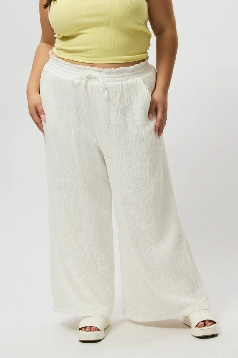 Distressed finish White Cheesecloth Lined Wide Leg Pants