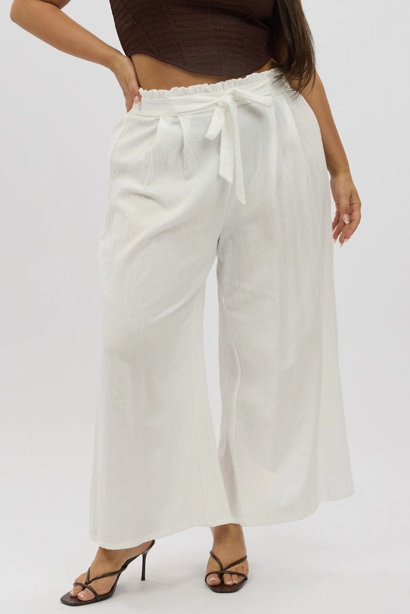 Chilly Weather Fit White Cotton Paperbag Waist Wide Leg Pants With Tie Belt
