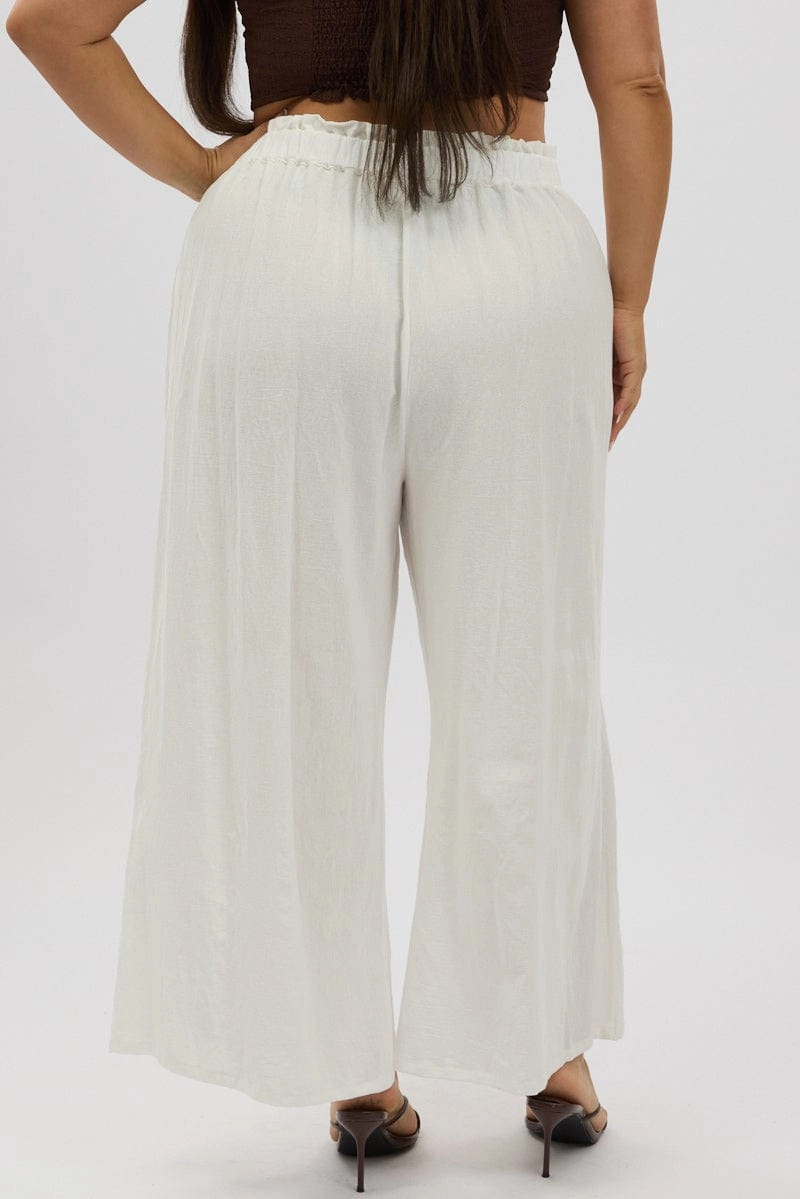 White Cotton Paperbag Waist Wide Leg Pants With Tie Belt Flexible Gusset Design