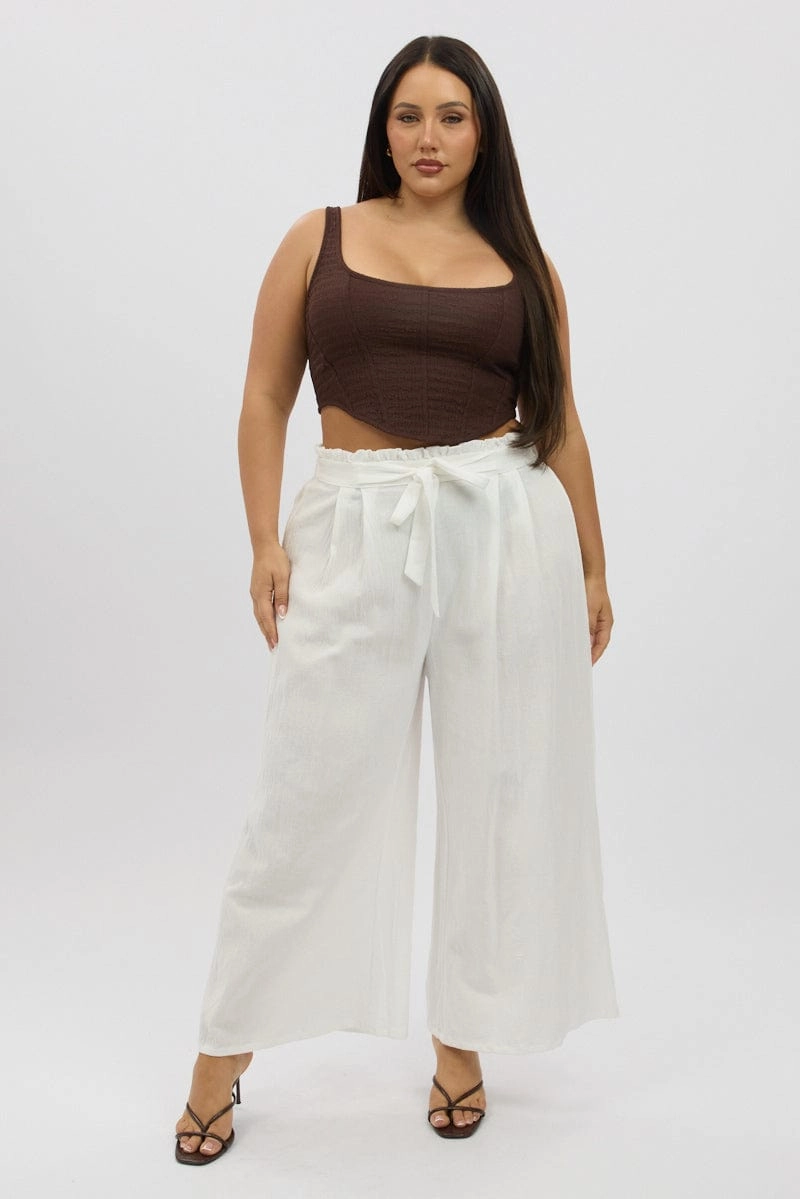 White Cotton Paperbag Waist Wide Leg Pants With Tie Belt Sporty Comfort Fit
