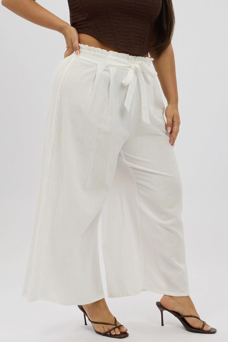 White Cotton Paperbag Waist Wide Leg Pants With Tie Belt Easy Wear