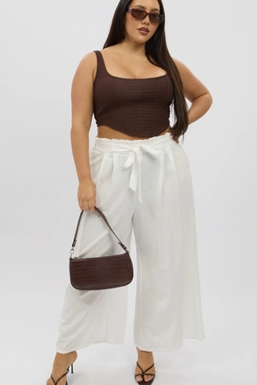 StaticDissipative White Cotton Paperbag Waist Wide Leg Pants With Tie Belt