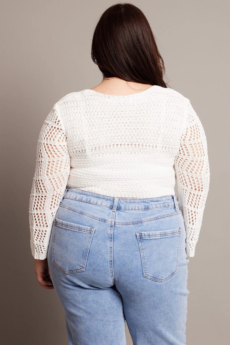 Hidden Storage Compartments White Crochet Cardigan Long Sleeve Squared Neck