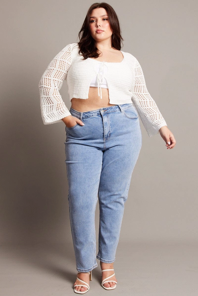 Fringe Detail White Crochet Cardigan Long Sleeve Squared Neck