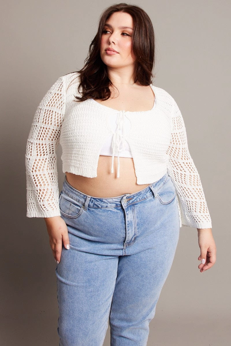 Comfort Flex Fit Lightweight Construction White Crochet Cardigan Long Sleeve Squared Neck