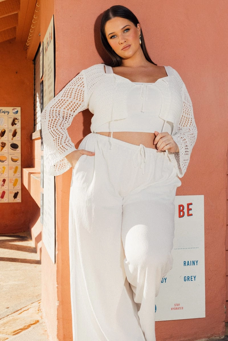 Ultraviolet Protection Factor Breathable Mesh Panels White Crochet Cardigan Long Sleeve Squared Neck