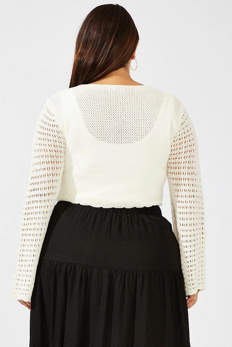 Wind Resistant Lining White Crochet Cardigan Long Sleeve Tie Front Knit
