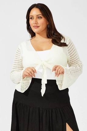 White Crochet Cardigan Long Sleeve Tie Front Knit Soft Cover CompactPacking