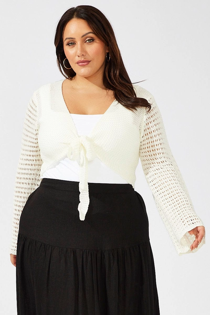 WindResistant Coating Checkered Style White Crochet Cardigan Long Sleeve Tie Front Knit
