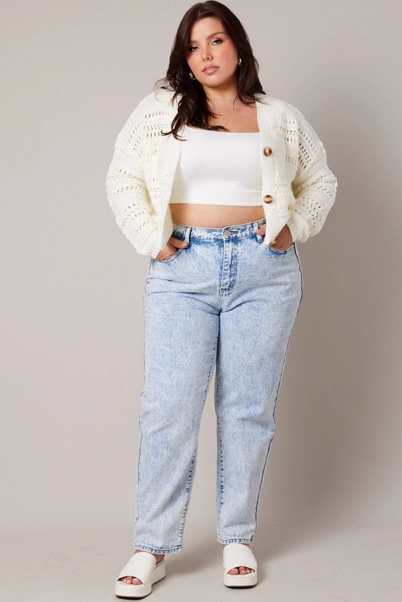 Fur Trim White Crochet Cardigan Long Sleeve V-neck Relaxed Fit