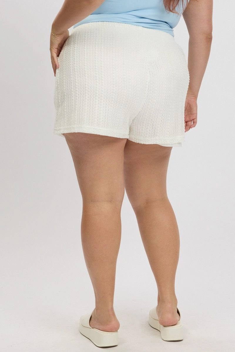 beach shorts White Crochet-Look Knit Elastic Waist Shorts