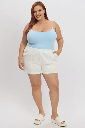 White Crochet-Look Knit Elastic Waist Shorts Quick Release Closure