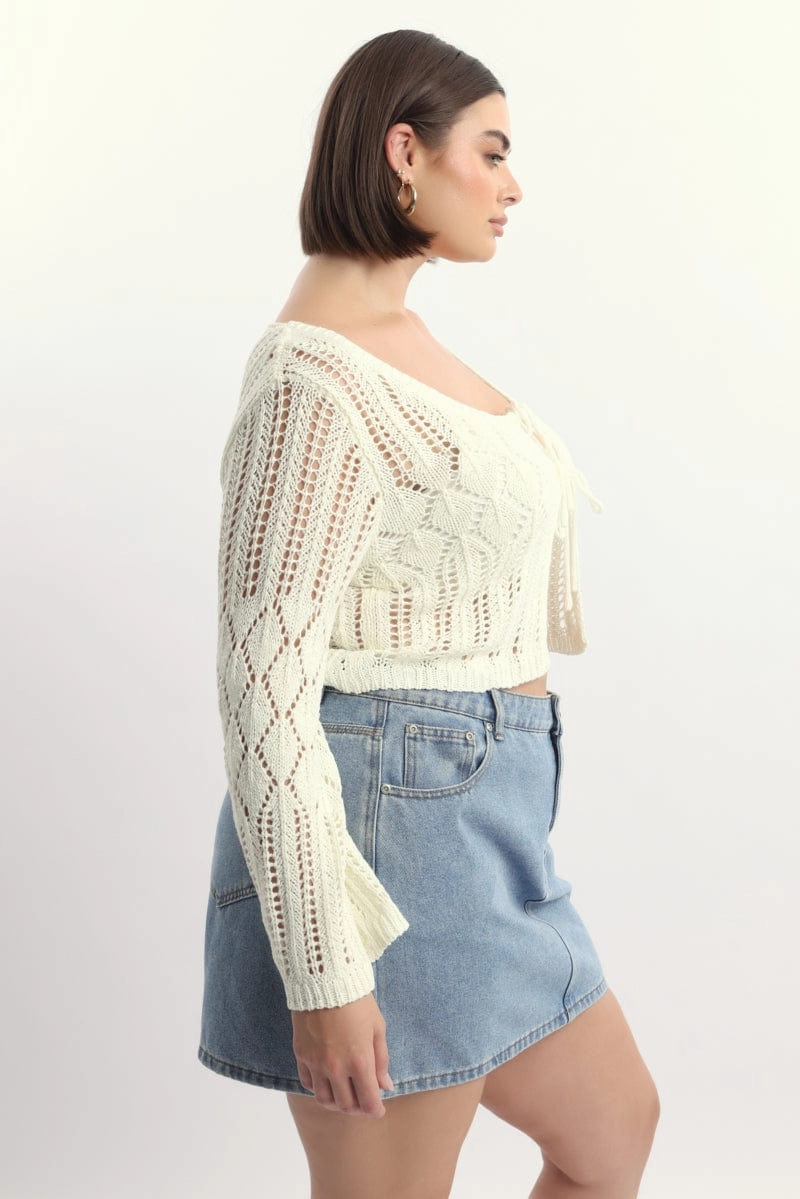 White Crochet Tie Up Cardigan ContouredShoulderFit All Day Layering