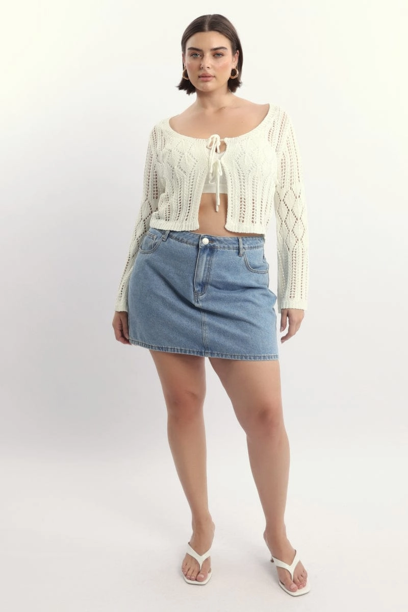 Odor Resistant Lining White Crochet Tie Up Cardigan