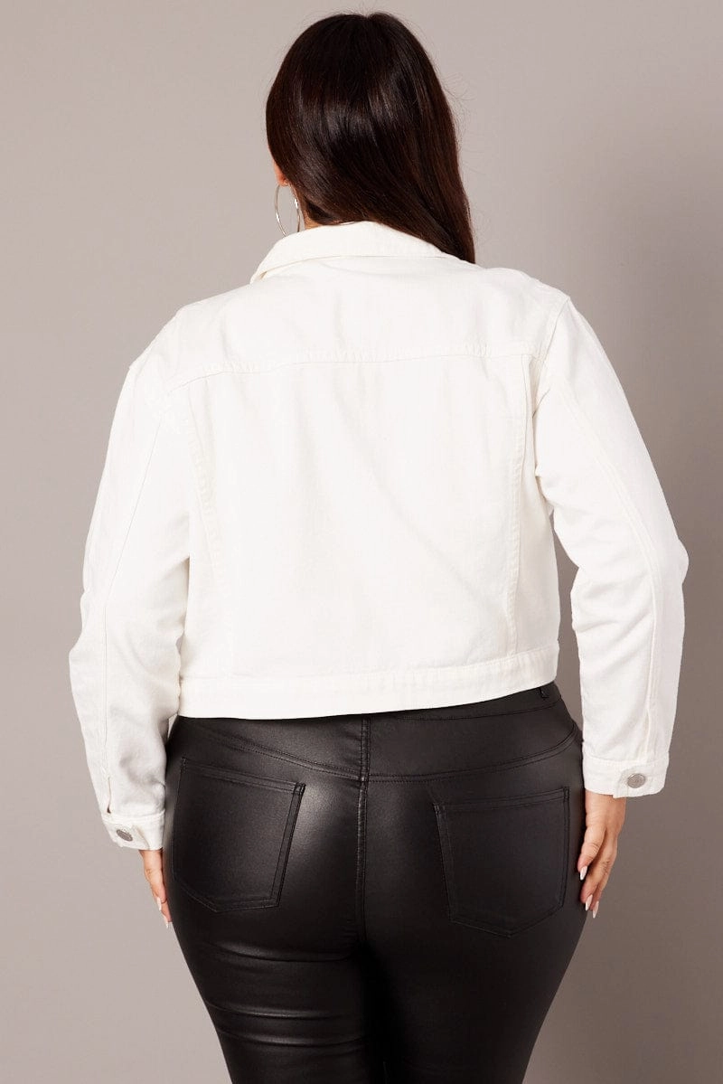 White Cropped Denim Jacket QuiltedPattern Active Daily Wear