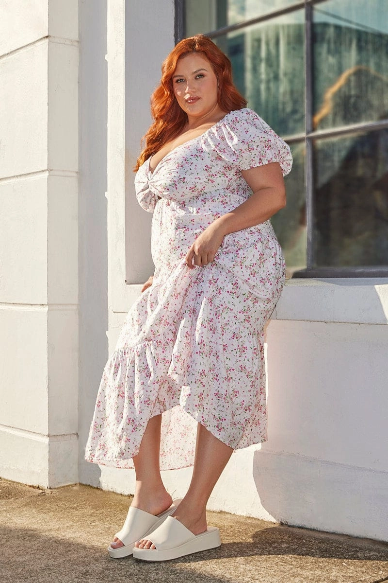 White Ditsy Midi Dress Short Sleeve Cut Out Tiered Elegant Waistband Fit Matte Look