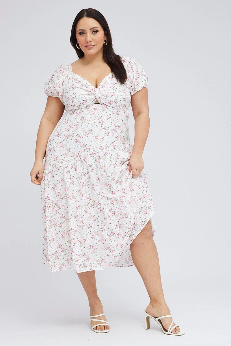 White Ditsy Midi Dress Short Sleeve Cut Out Tiered Dreamy Presence