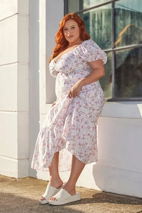 White Ditsy Midi Dress Short Sleeve Cut Out Tiered Elegant Waistband Fit Matte Look
