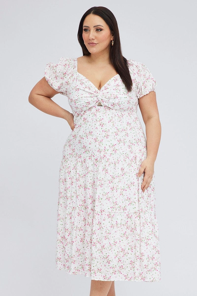 Perfect Waistband White Ditsy Midi Dress Short Sleeve Cut Out Tiered