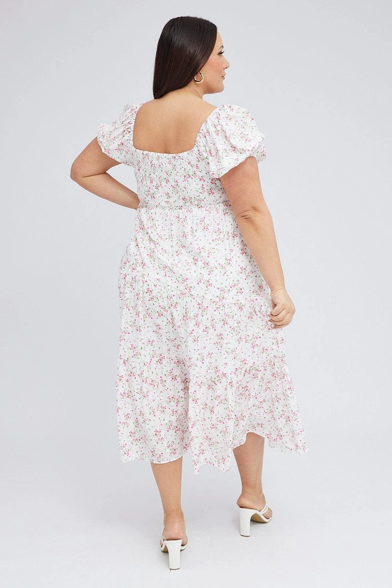 Casual Smart White Ditsy Midi Dress Short Sleeve Cut Out Tiered