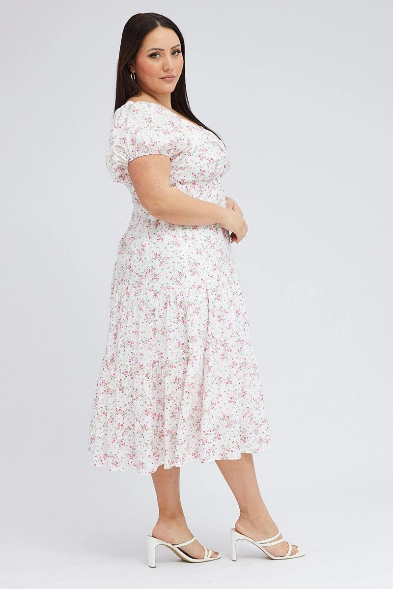 SeamlessConstruction Dress-Up Style White Ditsy Midi Dress Short Sleeve Cut Out Tiered
