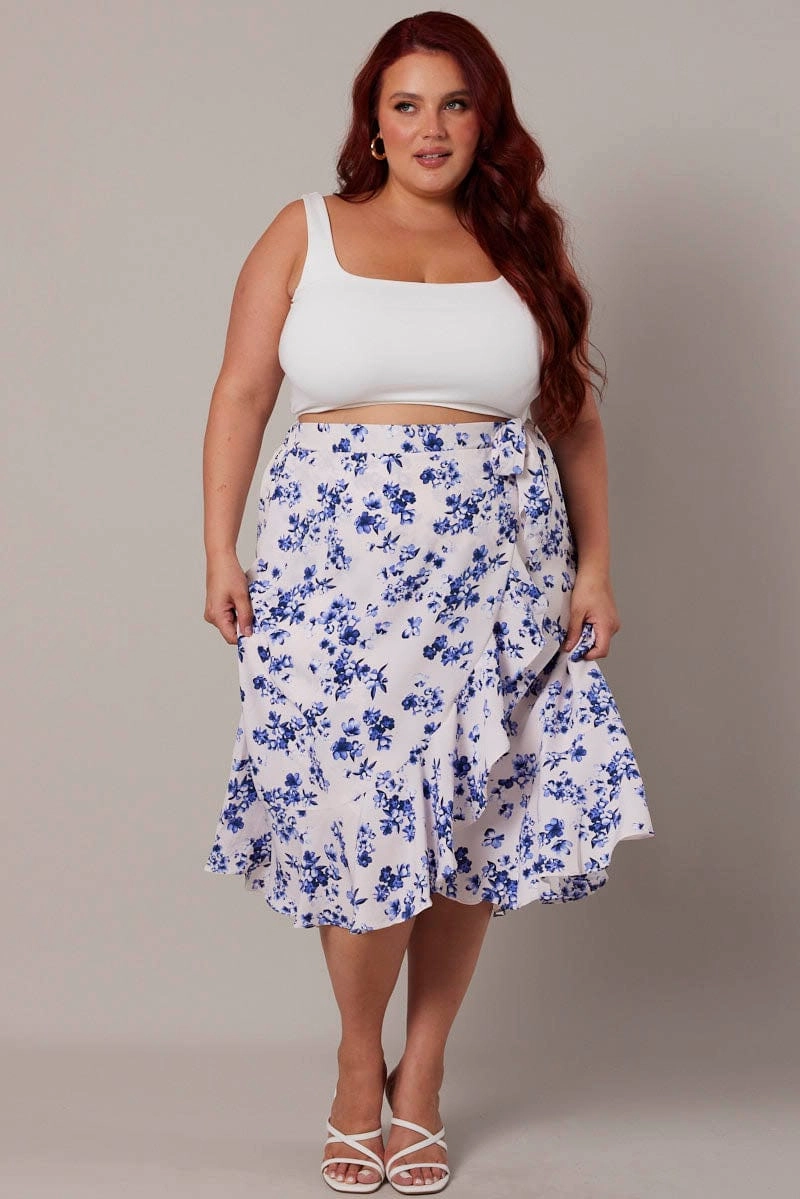 White Ditsy Wrap Frill Midi Skirt Cotton Rich
