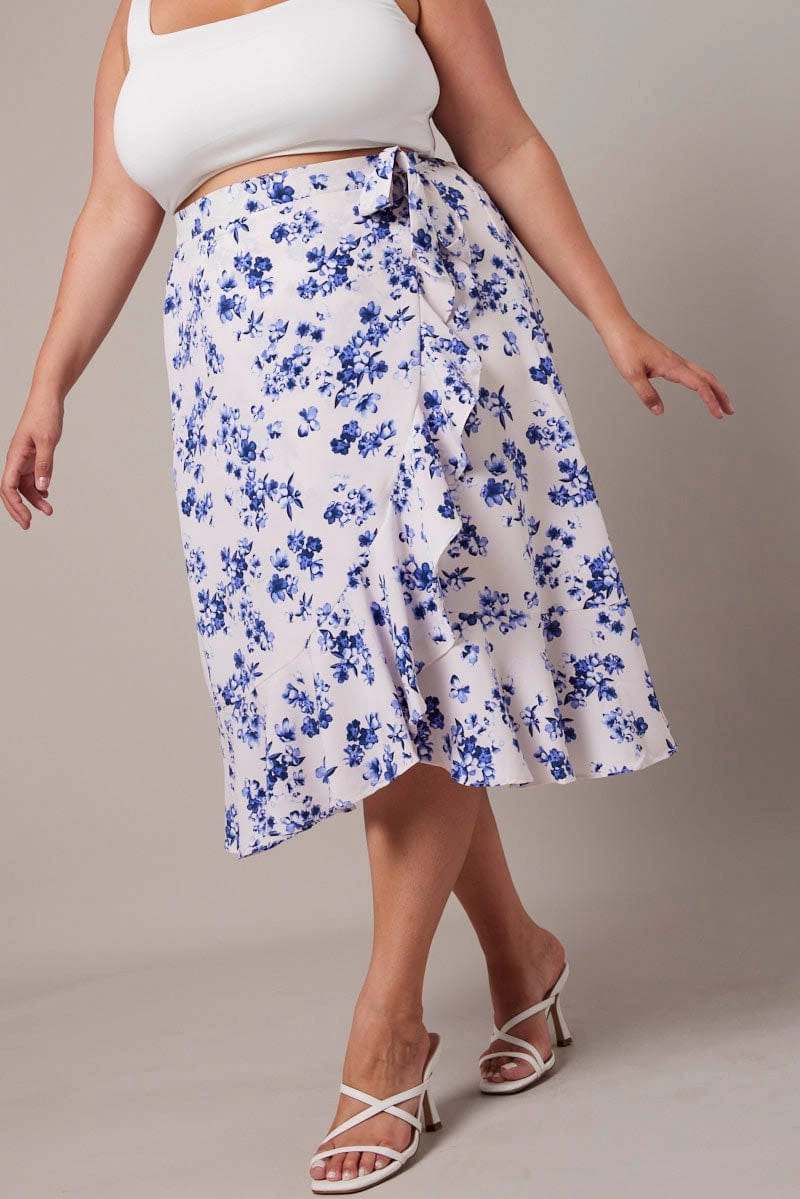 White Ditsy Wrap Frill Midi Skirt Lightweight texture