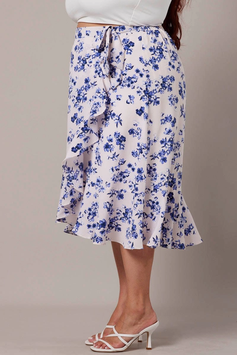Collaboration Piece White Ditsy Wrap Frill Midi Skirt