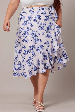 Celebrity Style Lightweight Lining White Ditsy Wrap Frill Midi Skirt