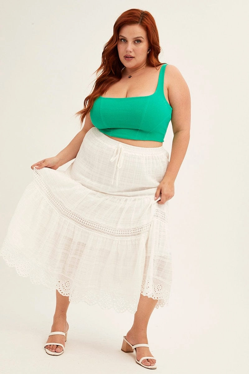 White Elastic Waist White Lace Trim Maxi Skirt Modern Cut