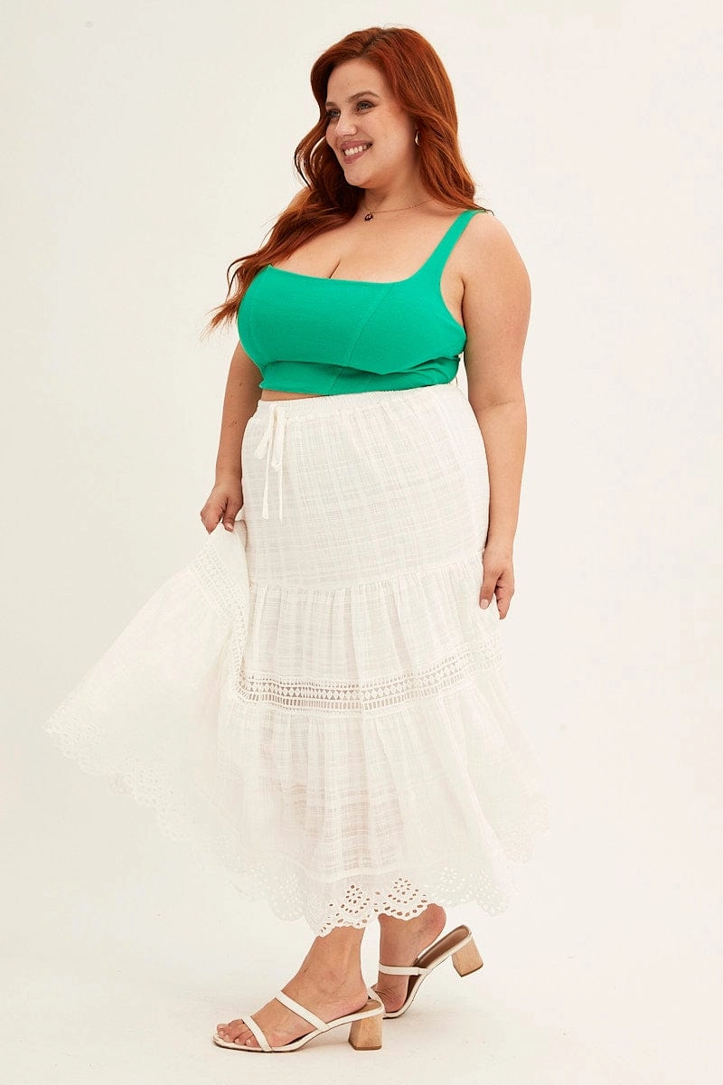 Elegant Flow Full Circle White Elastic Waist White Lace Trim Maxi Skirt