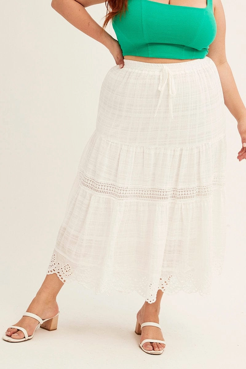 muted tone Smooth Look White Elastic Waist White Lace Trim Maxi Skirt
