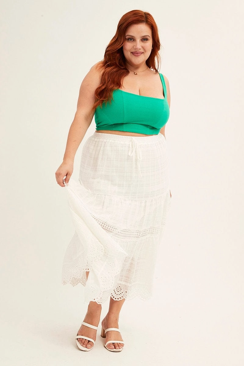 flowy silhouette Polished Cut White Elastic Waist White Lace Trim Maxi Skirt
