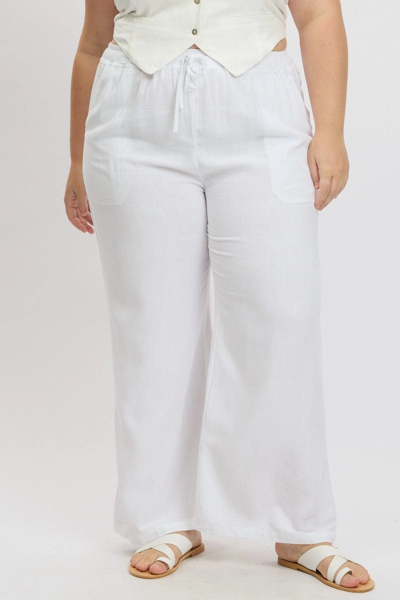 Office Friendly Timeless Comfort Wear White Elastic Waist Wide Leg Linen Blend Pants