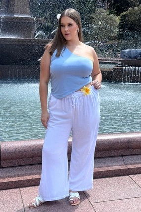 Side slits White Elastic Waist Wide Leg Linen Blend Pants