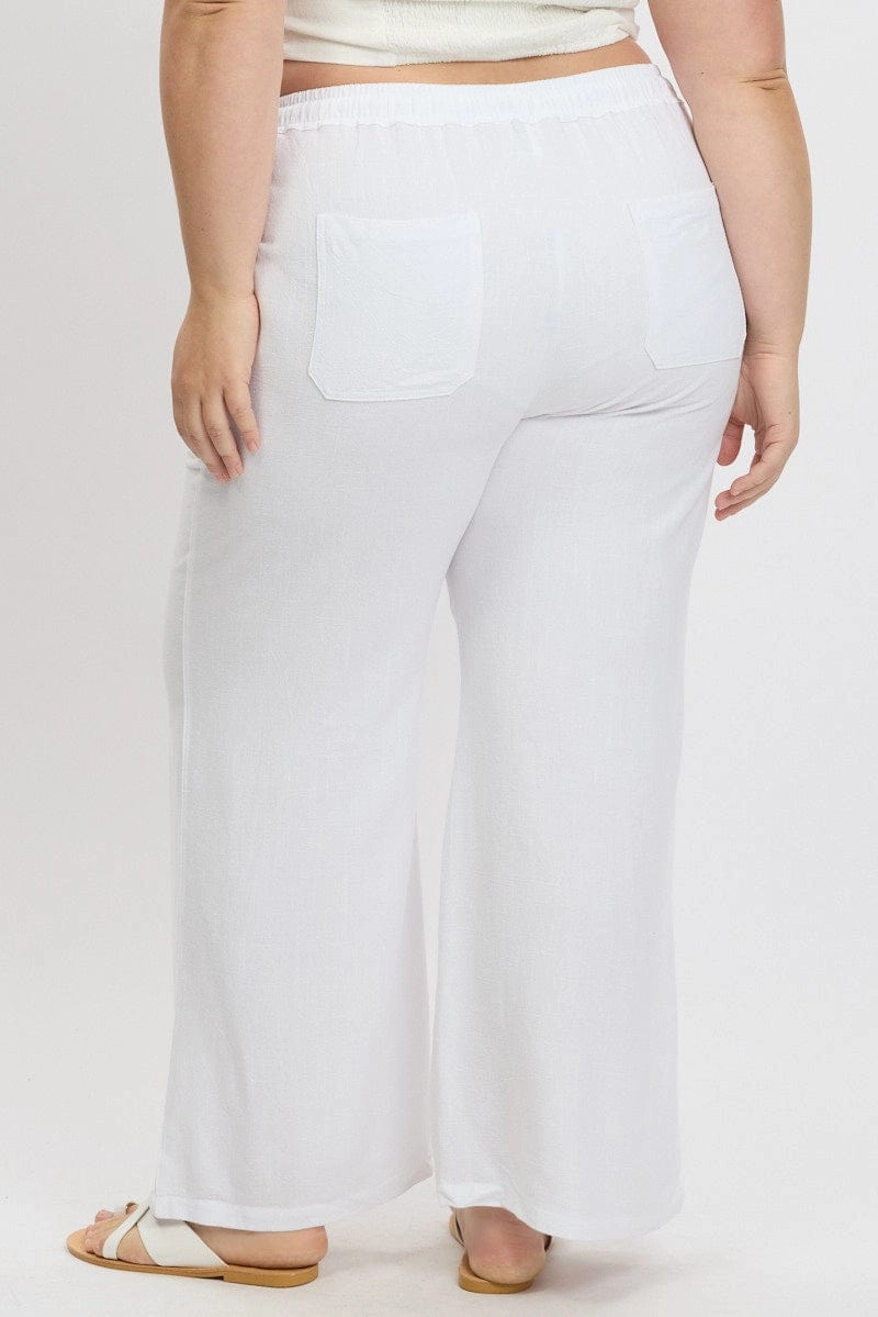 Lightweight Wear White Elastic Waist Wide Leg Linen Blend Pants