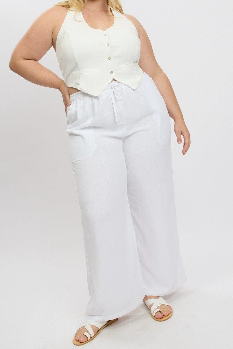 Casual Fit Design White Elastic Waist Wide Leg Linen Blend Pants