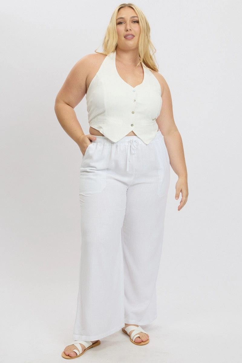 White Elastic Waist Wide Leg Linen Blend Pants HypoallergenicFabric