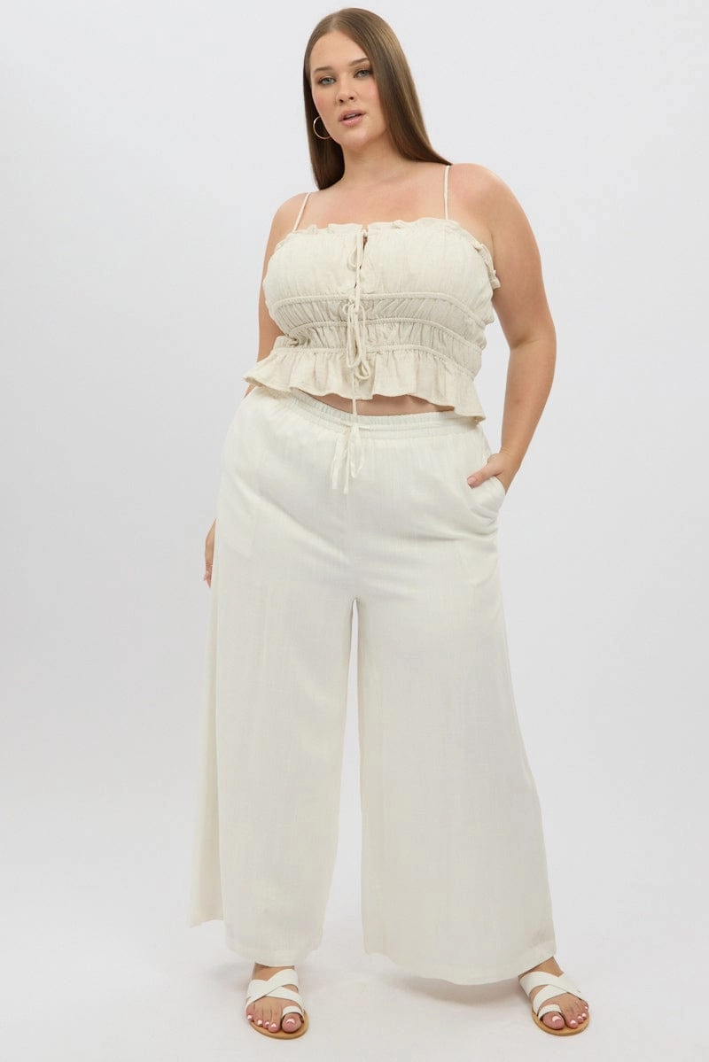 White Elastic Waist Wide Leg Linen Viscose Pants All-Day Wear