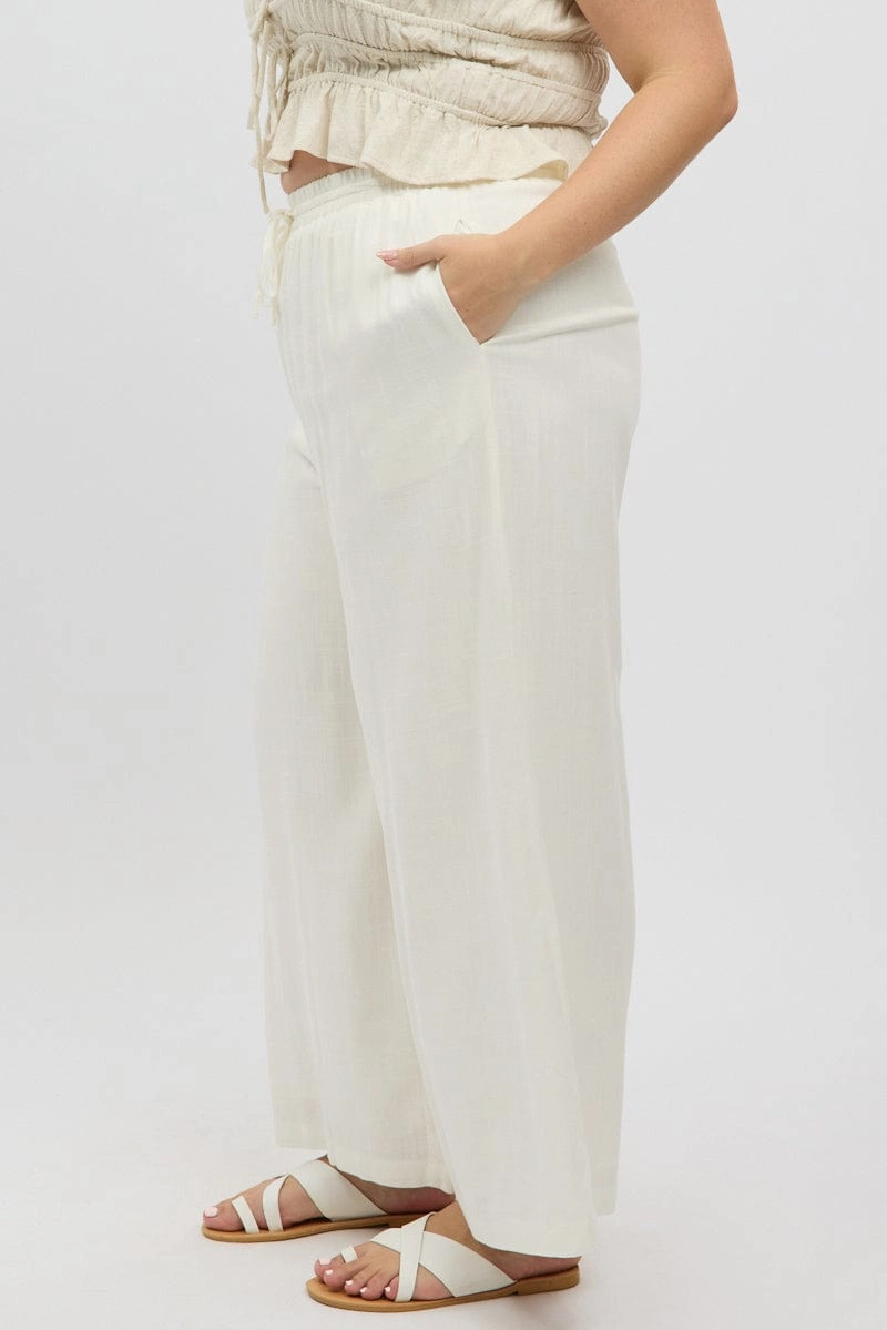 Flexible Activewear HighWaistSupport White Elastic Waist Wide Leg Linen Viscose Pants