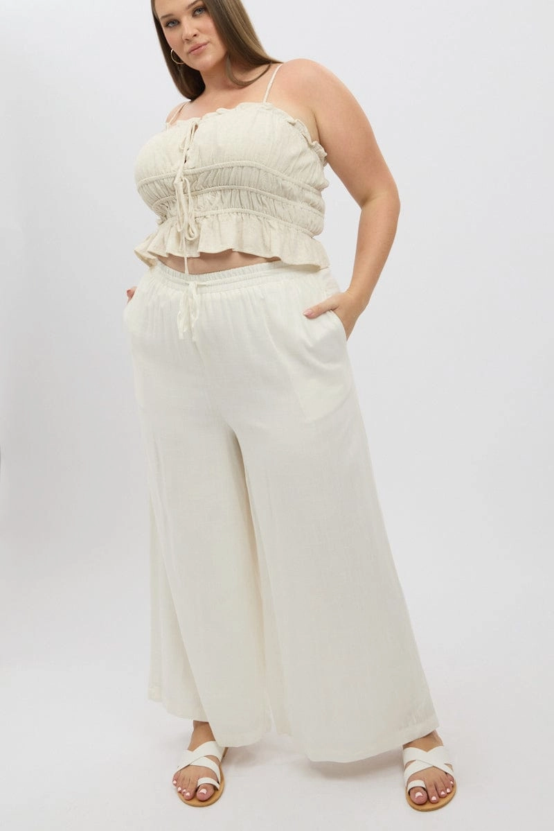 White Elastic Waist Wide Leg Linen Viscose Pants Fashion Staple