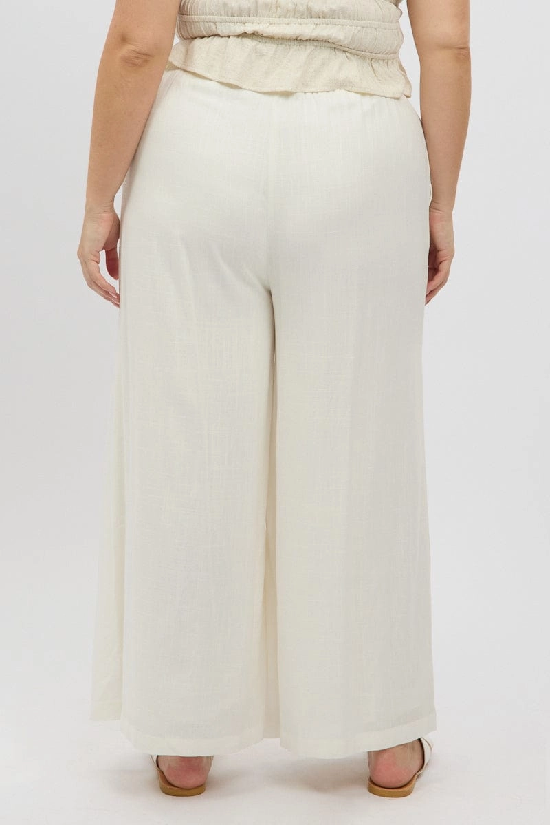White Elastic Waist Wide Leg Linen Viscose Pants Quick Wear Fit Neutral Fit