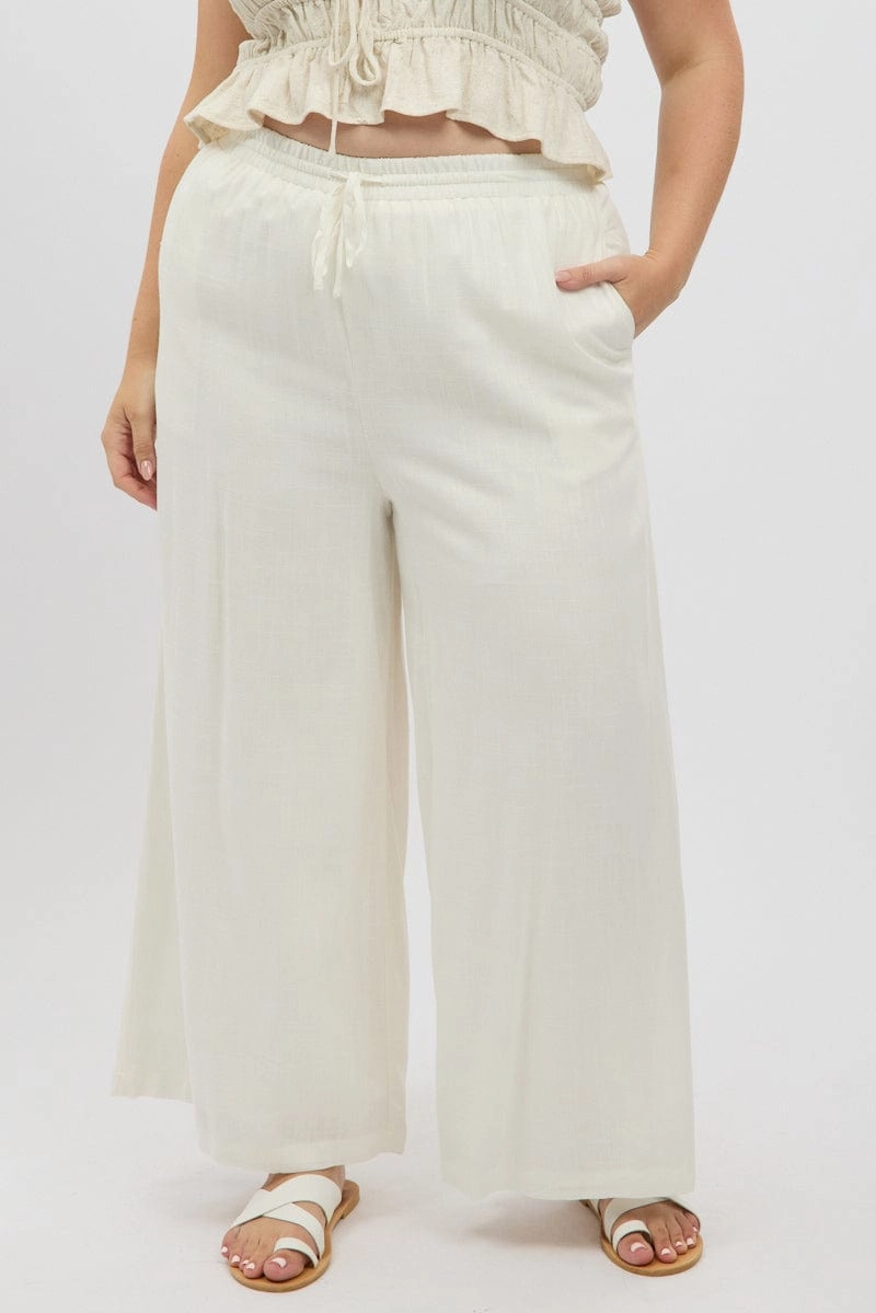 GussetedCrotch White Elastic Waist Wide Leg Linen Viscose Pants