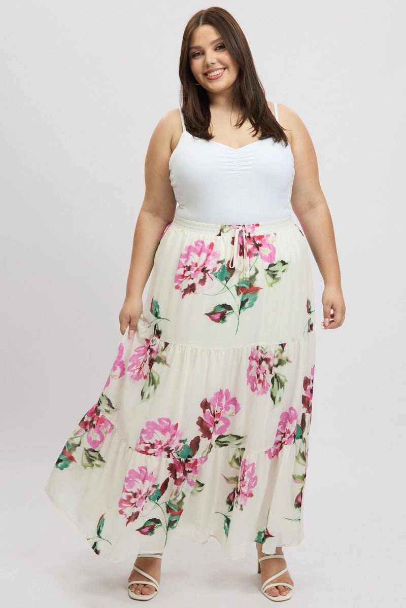 Scalloped Edge White Floral Elastic Waist Tiered Chiffon Maxiskirt
